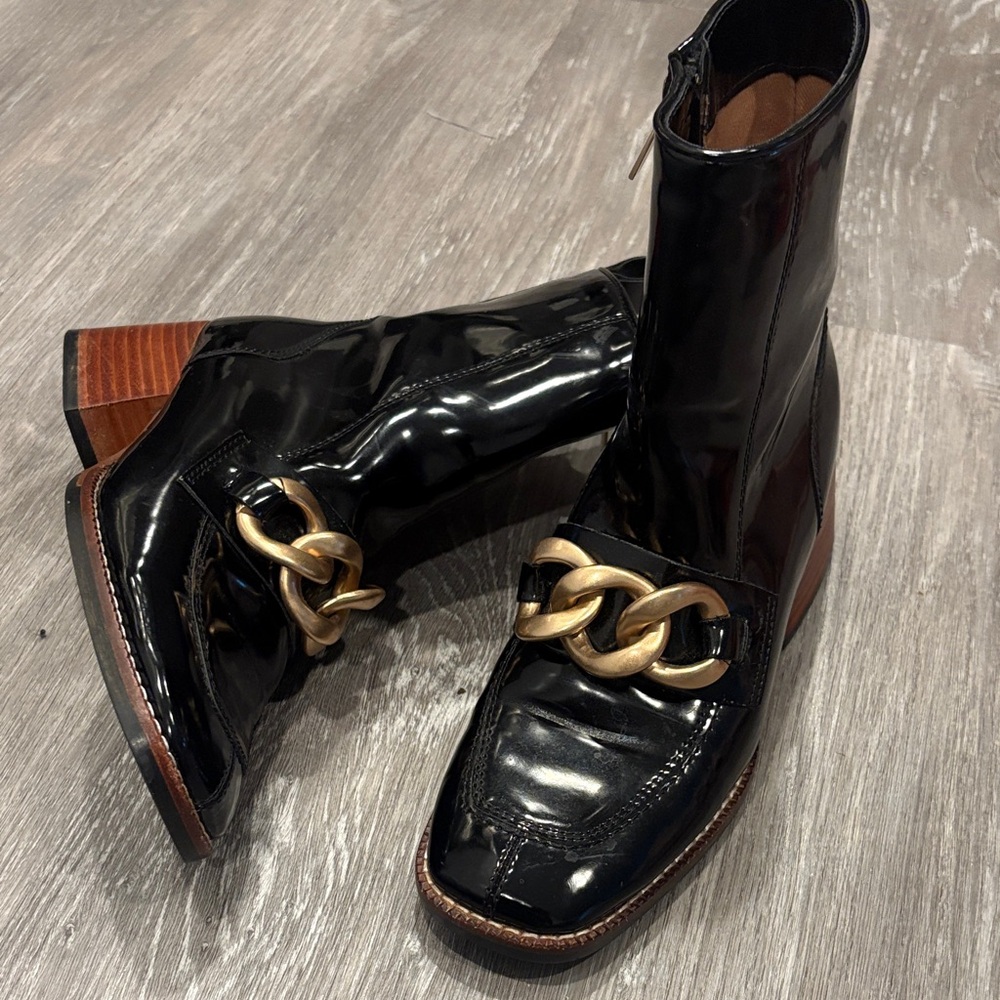 Steve Madden Black Patent Ankle Boots with Gold Chain